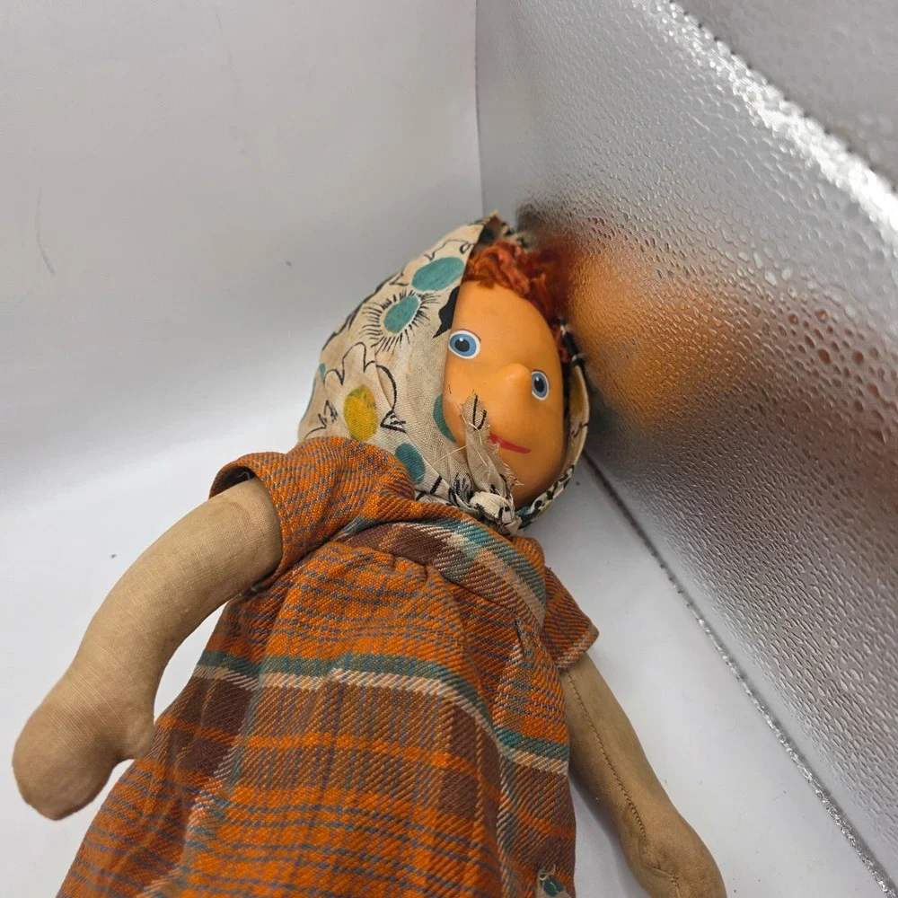 Old Cloth Doll Mask Face Red Yarn Hair Plaid Dress Bonnet Primitive Doll As Is